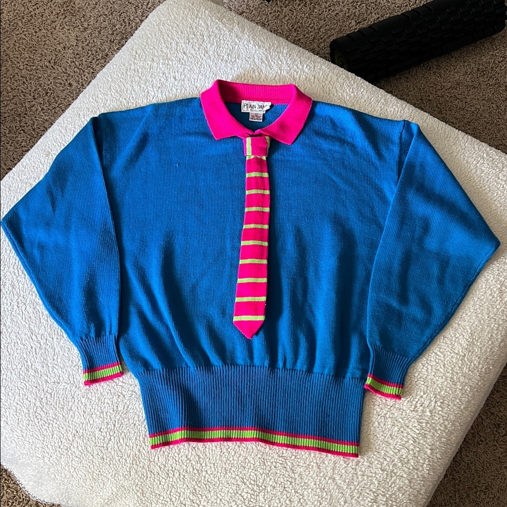 Sweet Baby Jane Blue Sweater with Pink and Green Tie